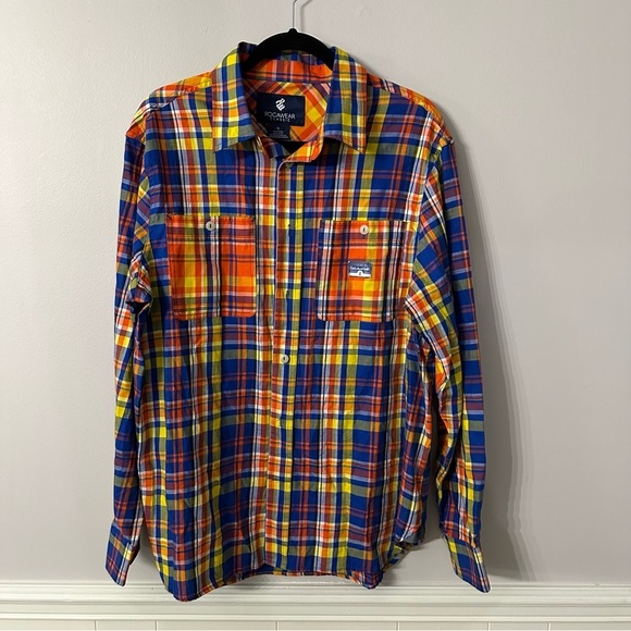 Rocawear Classic Mens Long Sleeve Blue Orange & Yellow Plaid Button Up Sz XL GUC - Picture 2 of 8
